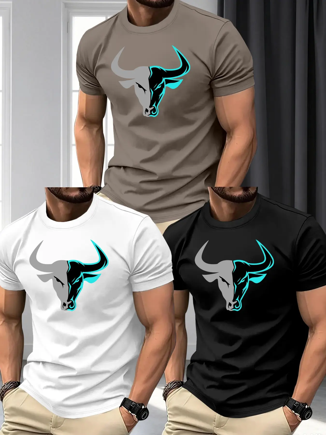 Men's Bold Bull Head Graphic T-Shirt, Casual Short Sleeve Crew Neck Top, Stylish Urban Streetwear Tee for Daily Wear, Unique Split Color Bull Print, Trendy Fashion Essential, Menswear, Classic