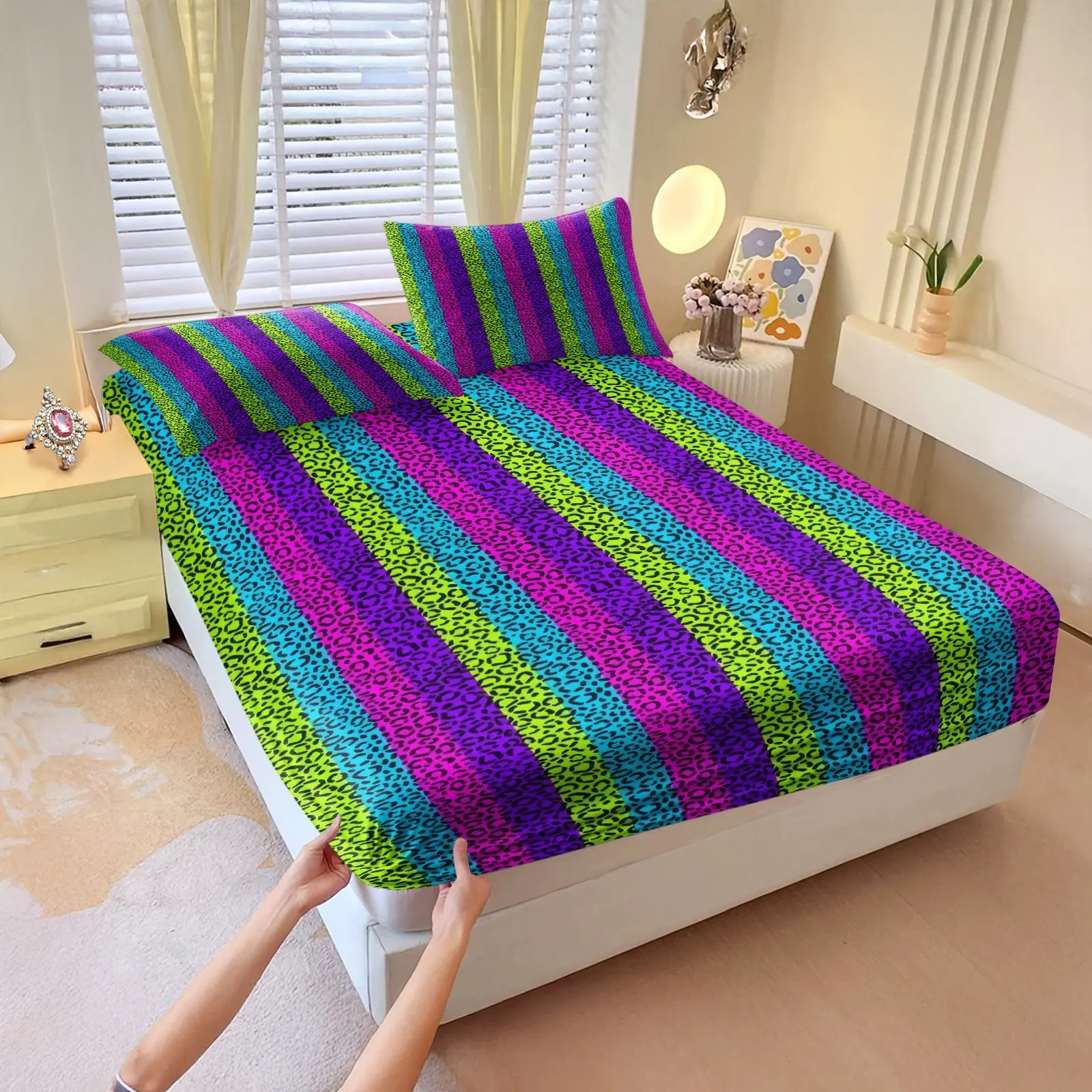 Vertical Stripe Print Fitted Sheet Set, 3Pcs Multicolor Bedding Set, All-Round Deep Pocket Striped Fitted Sheet, Bold Y2K Aesthetic Bed Linens for Trendy Colorful Teen & Youth Bedroom Decoration. 2 Pillowcase, No Filling