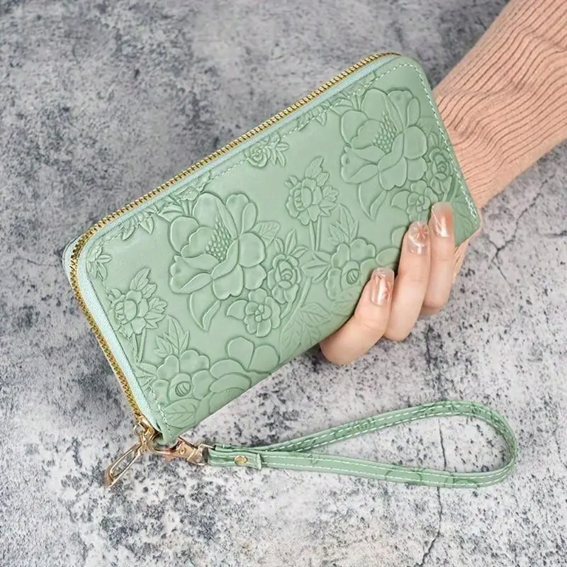 Women's Zip Around Wristlet Wallet - Elegant Floral Print PU Leather Top Handle Bag with Card Slots, Phone Pocket, Coin Holder, Large Capacity for Daily Sports & Outdoor Protective Gear Accessory Use
