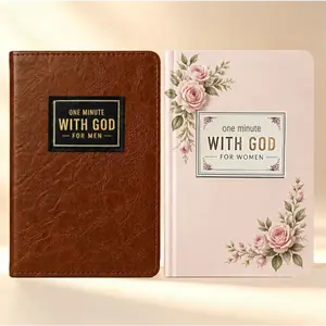 One Minute With God Devotional Set for Men & Women, 365 Daily Scripture Quotes & Reflections, Brown Faux Leather Bible Study Notebook & Prayer Journal, Daily Planning Devotional Book, Perfect Holiday & Christian Gift for Couples