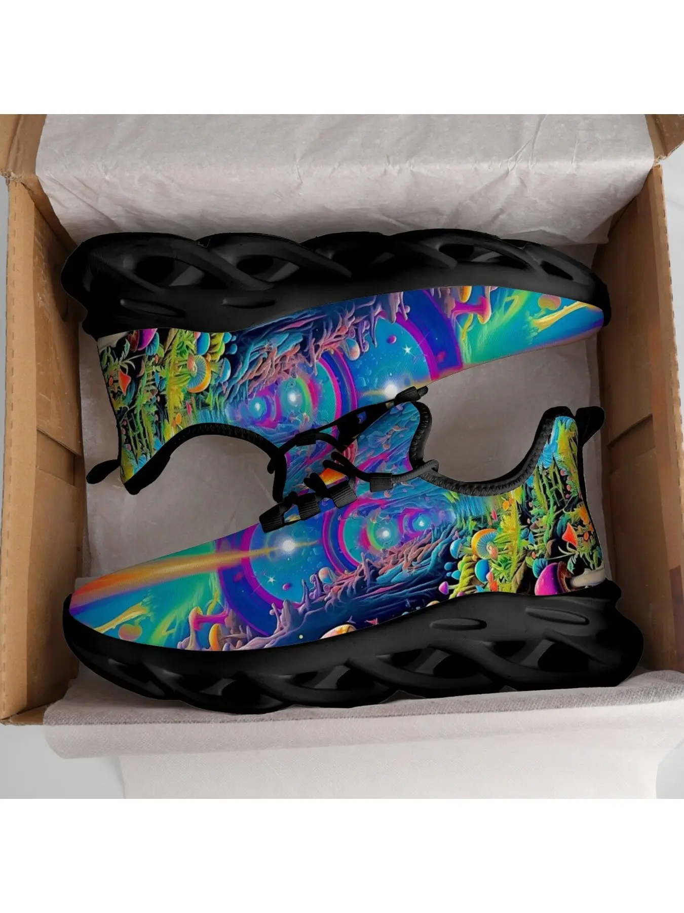 Psychedelic Cosmic Mushroom Blade Sneakers Men Women Breathable Mesh Lace Up Running Shoes Vibrant Trippy Fungi Pattern Hollow Sole Non Slip Casual Athletic Walking Trainers
