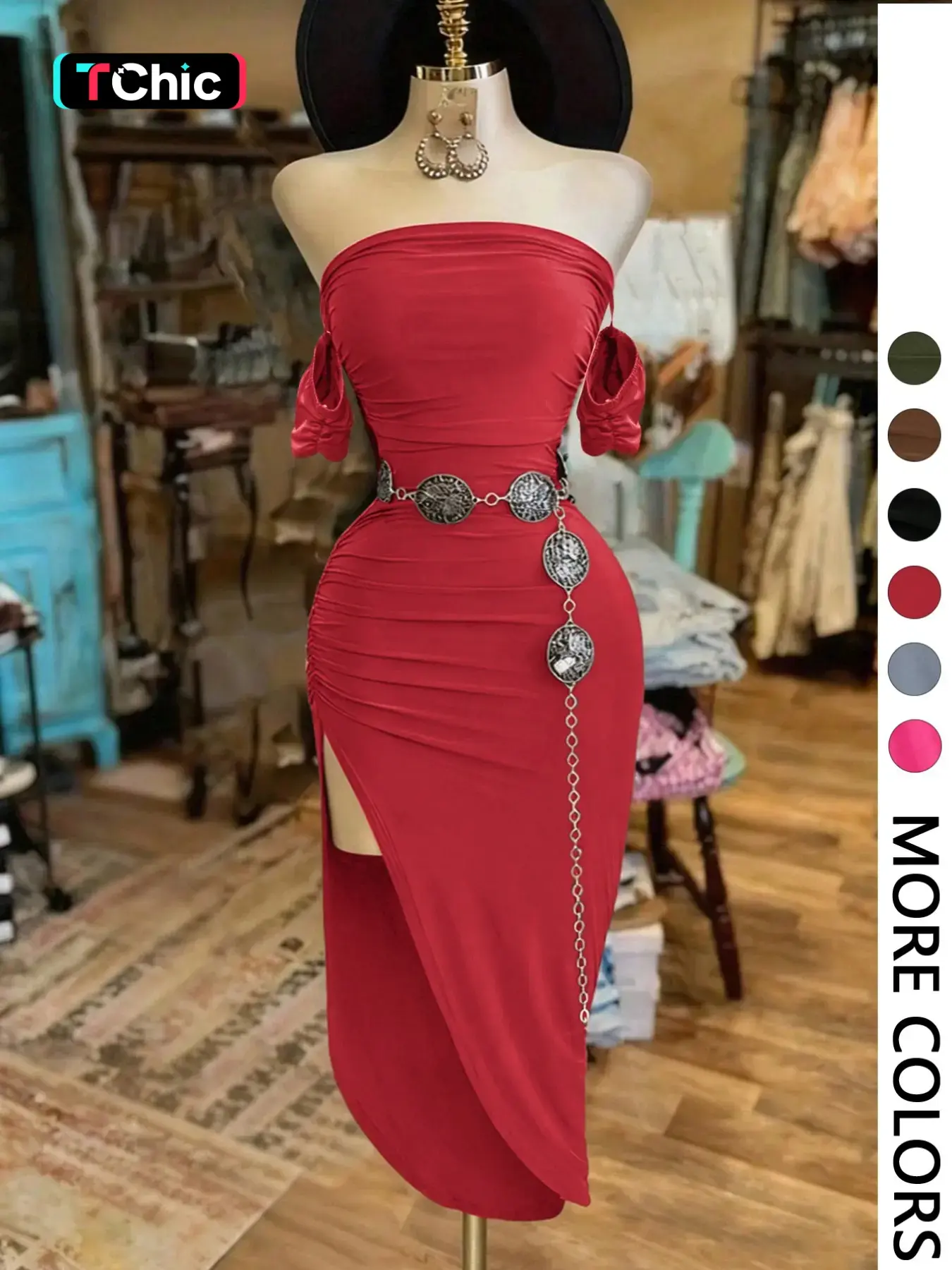 1 Piece Spring & Summer Sexy Off-Shoulder Ruched Fit Bodycon Maxi Dress - High Slit Design Alluring Style for Evening Events and Clubwear （Belt not included）
