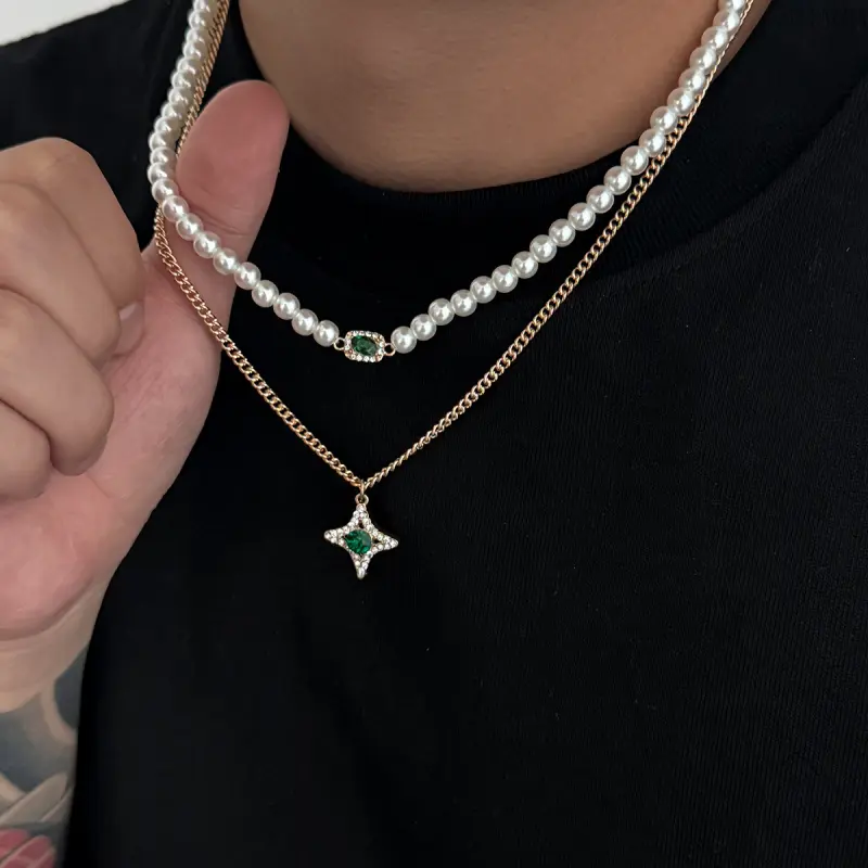 Men's Pearl-Cubic Zirconia Layered Necklaces Set - Hip Hop Dainty Clavicle Stack Chains, Quiet Luxury Accessory Necklace, Bling Cuban Zirconia Piece, Casual Trendy Costume Jewelry Accessory for Streetwear, Bling Necklace