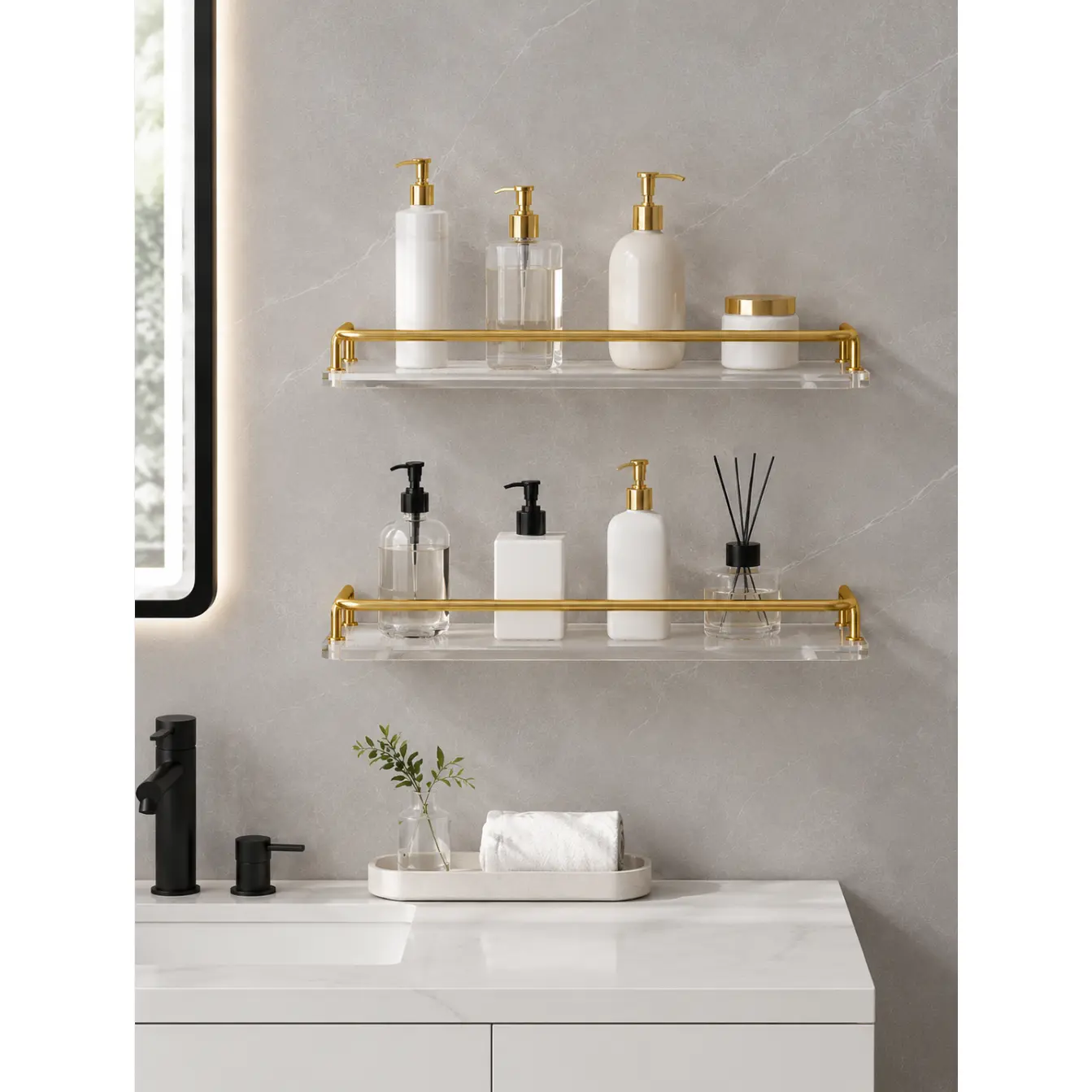 No Drill Clear Acrylic Bathroom Shelf, Gold Rail Wall Mounted Shower Caddy & Vanity Organizer, Adhesive Floating Storage Rack for Shampoo, Skincare, Perfume, Soap & Bath Essentials