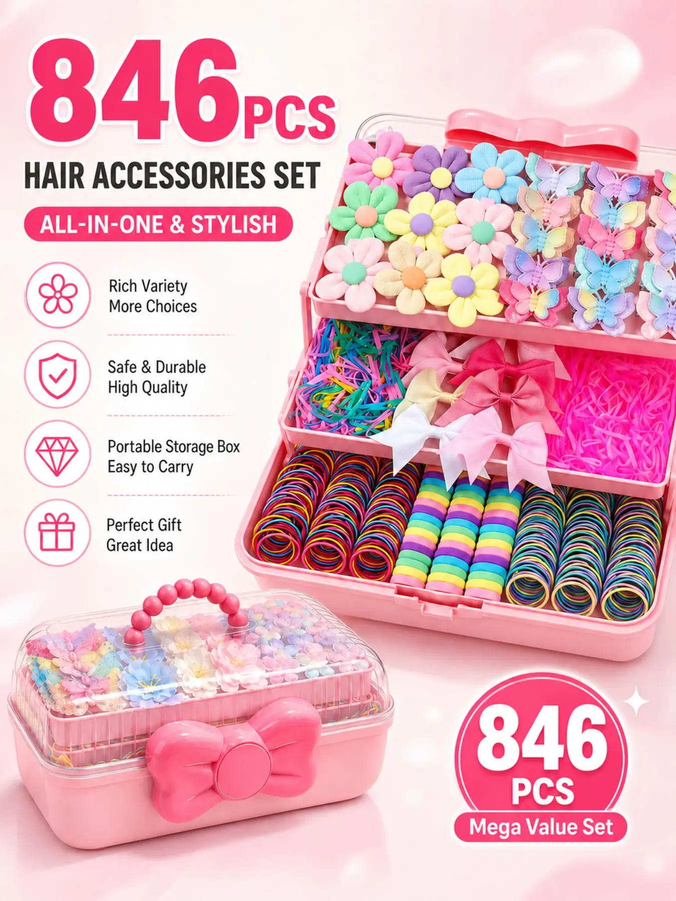 846-piece girls' hair accessory gift set, Hair Accessories Sets, includes high-elasticity hair ties, headbands, 3D decorative clips, various creative hairstyles, suitable for daily wear, school performances, parties, and gifts, women's accessories