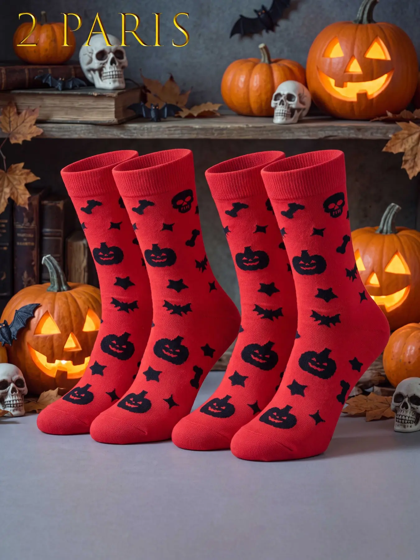 2 Pairs Punk Style Ankle Socks, Halloween Party Wear, Unisex, Breathable, All-Over Print, Slim-Fit, Plain Surface, Crew Socks