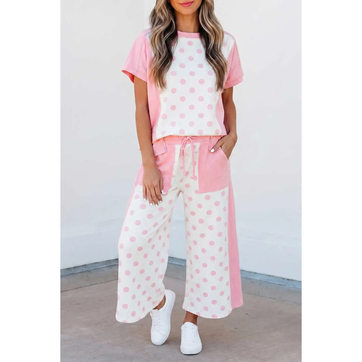 Women's Chic Pant Set, 2-Piece Matching Loungewear with Aesthetic Color Block & Polka Dot Prints, Short Sleeve Top, Wide Leg Trousers, Fit, Pockets, Loose, Casual, Patchwork, Style, Everyday, Drawstring, Breathable, Polka Dots, Crew Neck
