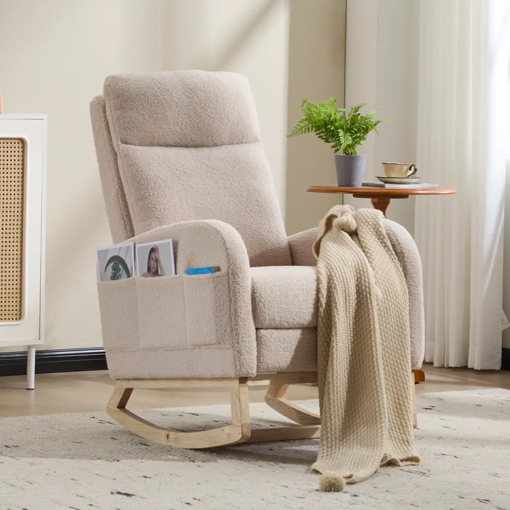 Nursery Glider Rocking Chair with Footrest, Teddy Fabric Upholstered Nursing Chair with Side Pocket, High Back Comfy Accent Rocker Chair with Solid Wood Legs, Maternity Baby Feeding Chair for Nursery Room, Living Room, Bedroom, Cozy Armchair, Beige