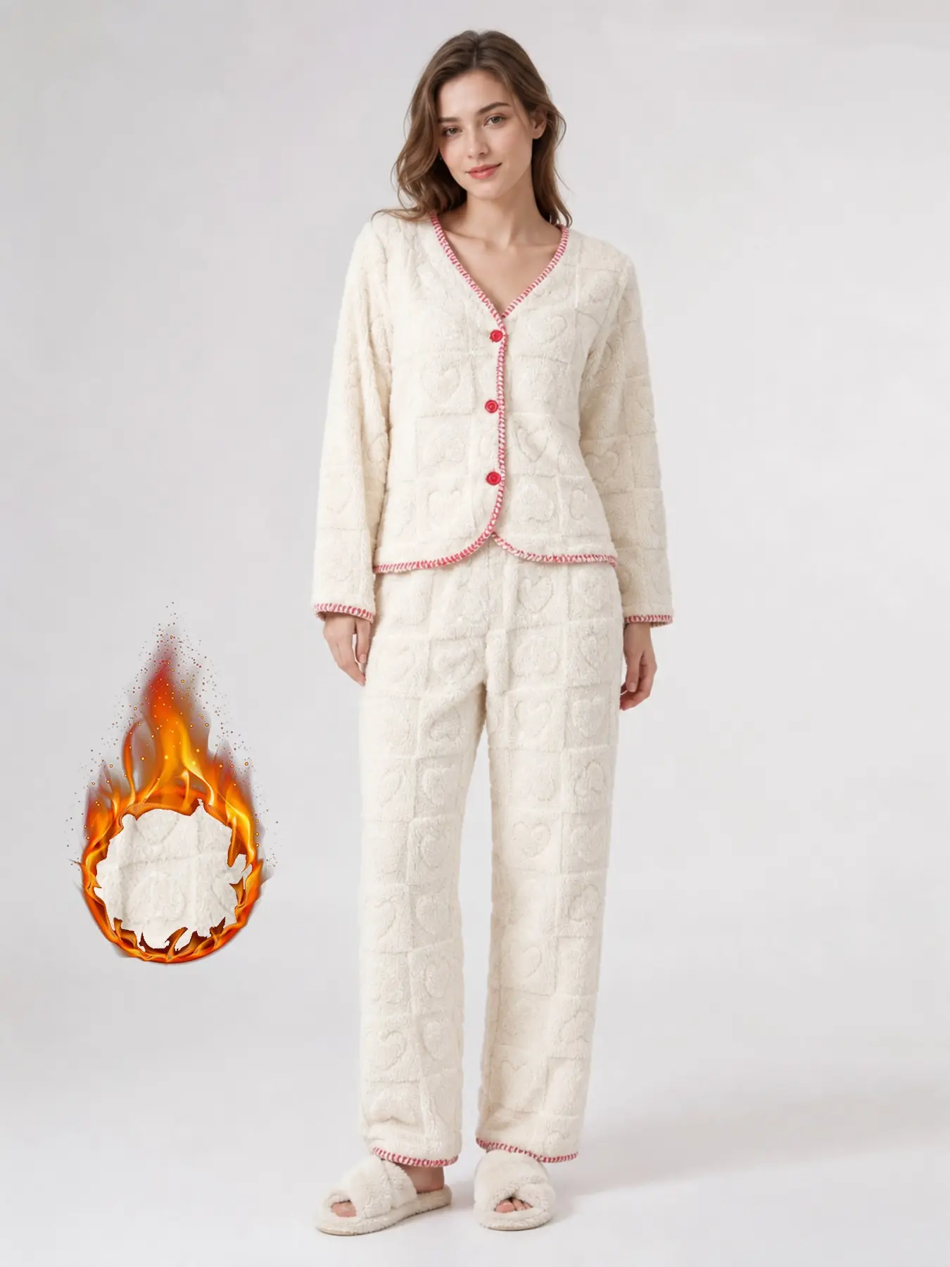 Women's Fall Winter Coral Fleece Pajama Set, V-Neck Button Front Cardigan + Straight Leg Pants, Cozy Warm Home Wear