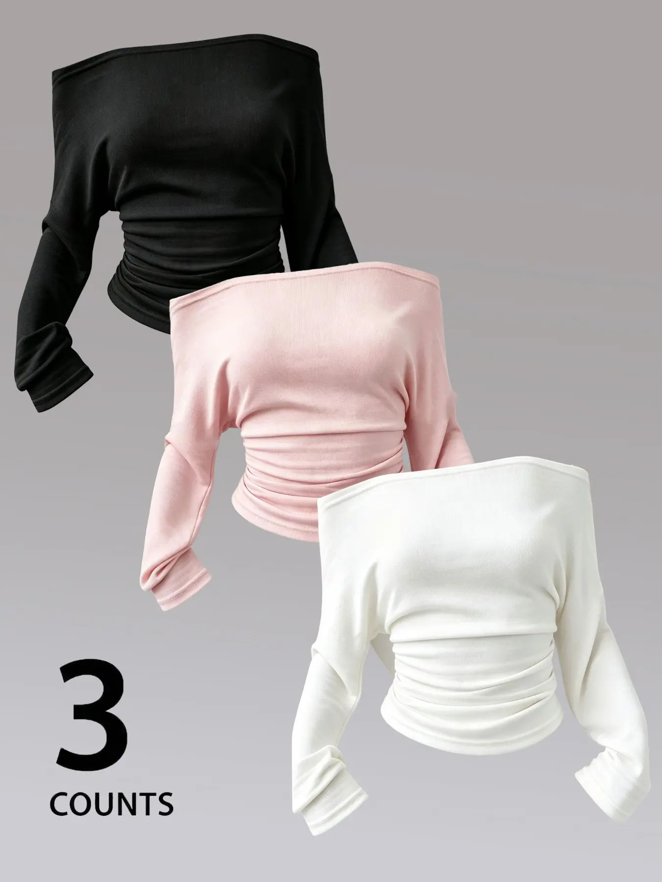 3 Pack Women Off Shoulder Long Sleeve Ruched Waist Crop Top, Minimalist Crop Top, Y2K Coquette Slim Fitted Foldover Shoulder Going Out Blouse Set, Soft Stretchy Solid Color Casual Cropped Shirt, Feminine Aesthetic Basic Layering Tee, Daily Streetwear Top