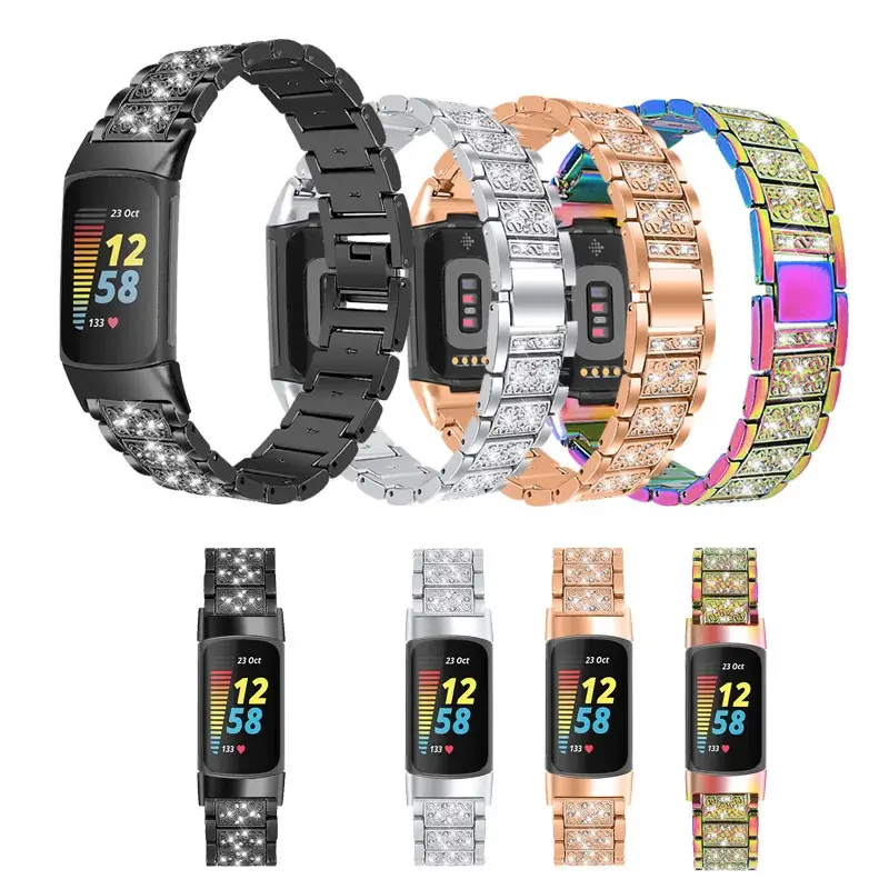 Glitter Bling Diamond Stainless Steel Adjustable Single Strap Replacement for Fitbit Charge 6/Charge 5, Luxury Unisex Sports Metal Bracelet Wearable Accessories