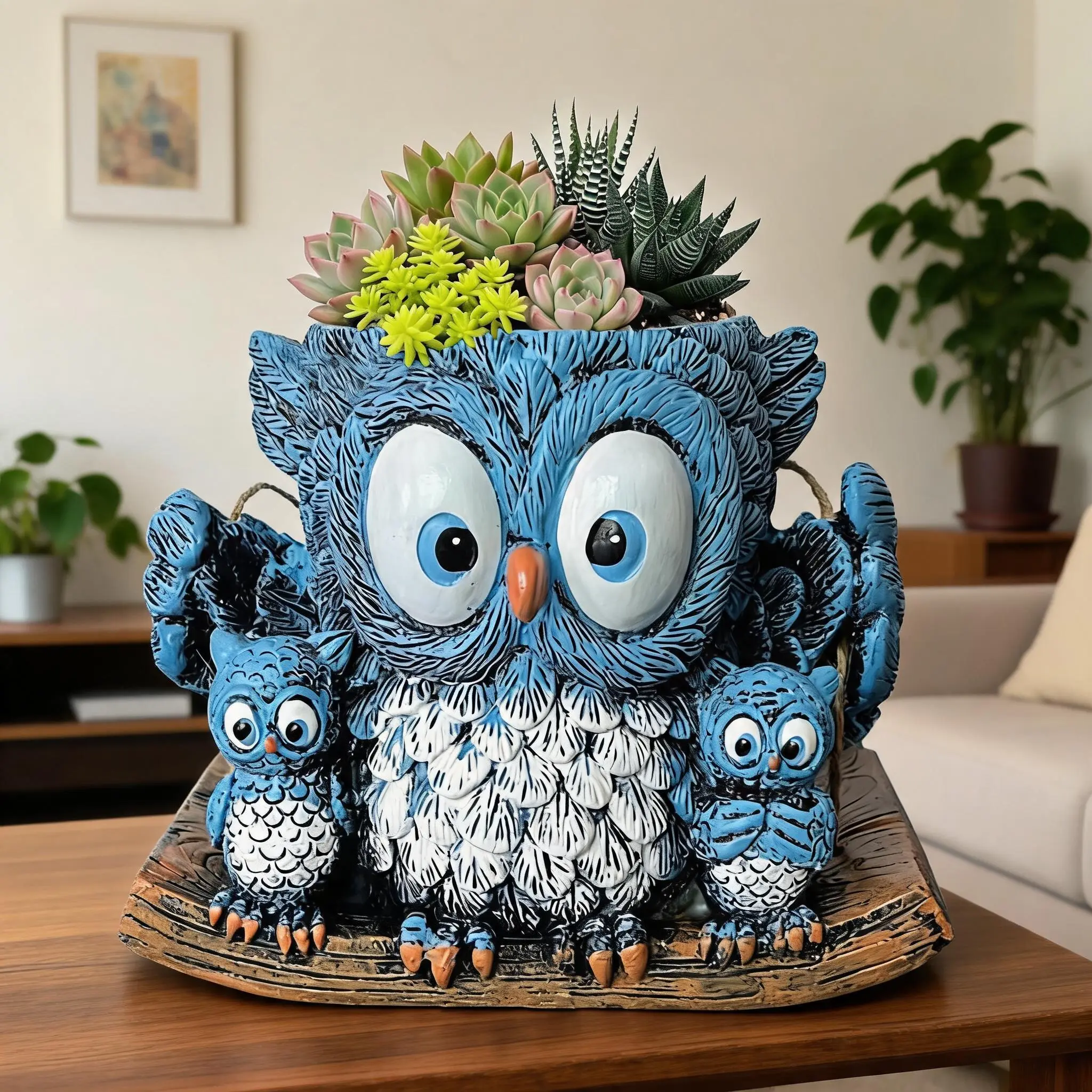 Owl Shape Resin Hanging Plant Holder, 5.9x4.53x3.94 in No-Drill Hemp Rope Planter, Weatherproof for Indoor-Outdoor Flower Display