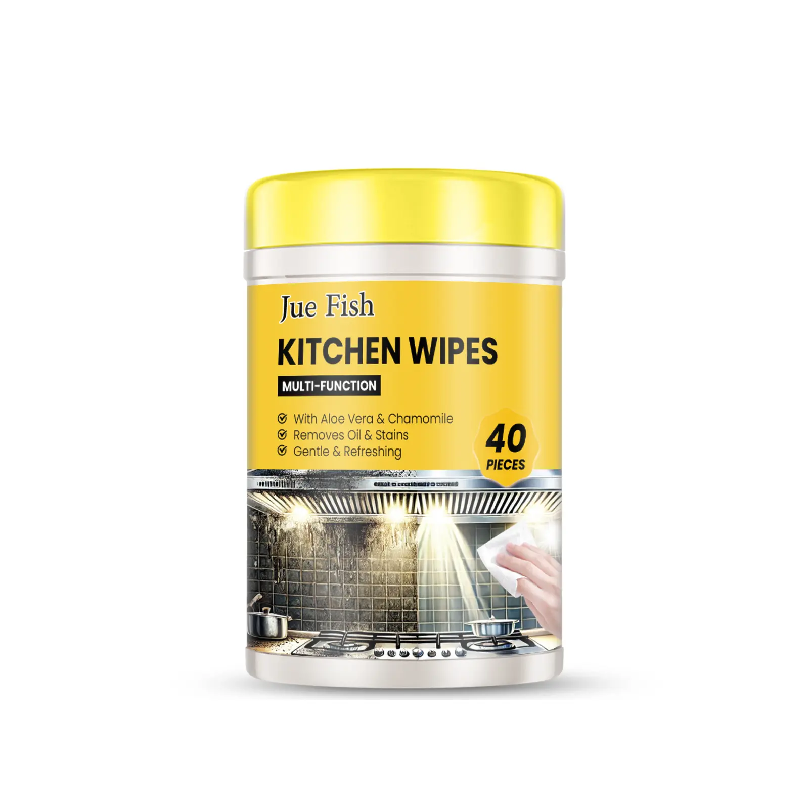 Jue-Fish Kitchen Cleaning Wipes - 40 Pieces, 12.7*8.2cm, 3 Years Shelf Life, EDTA Disodium-Infused, No Need to Rinse Off, Grease Removal Wipes for Countertops, Stoves with Sodium Hydroxide, Sodium Glucose Carbonate, Removes Grease Stains