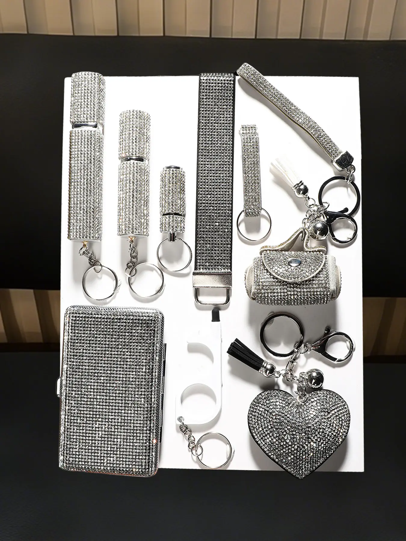 9pcs Flash Diamond Light Luxury silver Pendant Full Diamond Keychain Card Case Lighter Case Fashion Personalized Bling Diamond Keychain Accessories Combination
