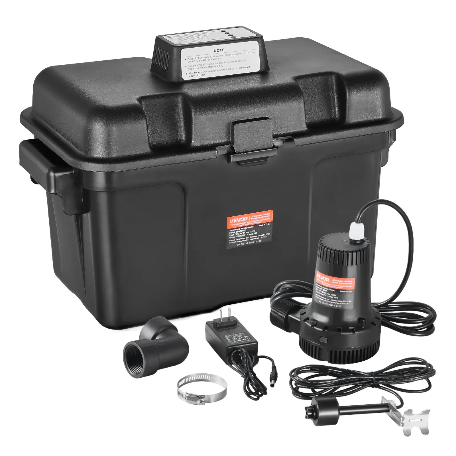 【DealsForYouDays】VEVOR Basement Emergency Back-Up Sump Pump, 2000GPH 0.17 HP Backup Sump Pump System, with 15V Adapter, Float Switch, 24-Hour-a-Day Monitoring Controller, Alerts, and Charger, Black
