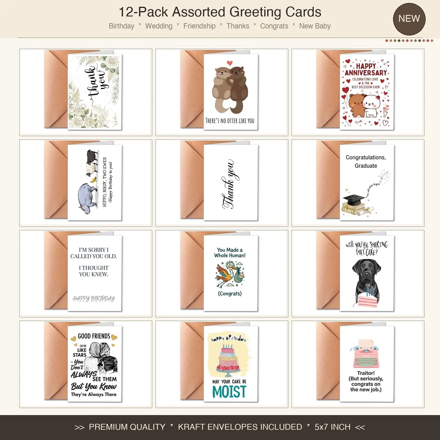 All Occasion Greeting Cards 12 Pack with Envelopes – Birthday Thank You Congrats New Baby Wedding Cards, Blank Inside