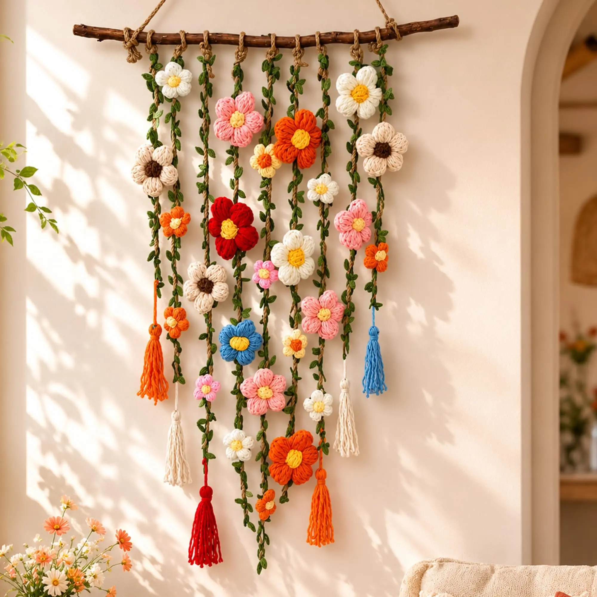 Boho Crochet Flower Wall Decor (1PC) | Aesthetic Floral Hanging Art for Bedroom, Living Room, Dorm and Apartment