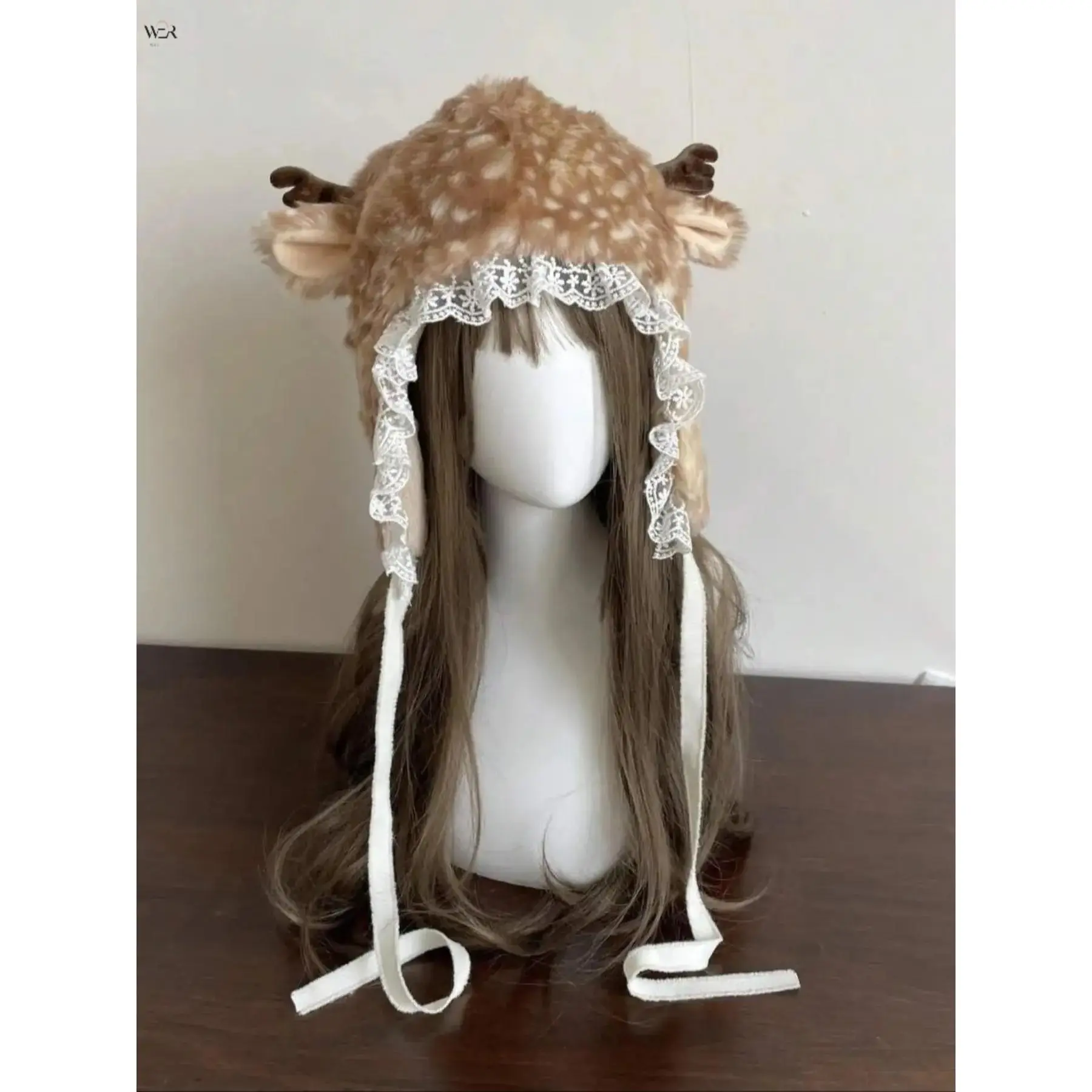 Female Fitted 27 cm Furry Deer Fawn Animal Hat - Lace Ribbon, Brown White, Cute Statement, Lightweight, Casual Summer Accessory Gift for Women Daily Wear Special Occasion, Furry Hat, Long Wig With Bangs, Whimsical Accessories, Polyester, Spotted, Women/Gi