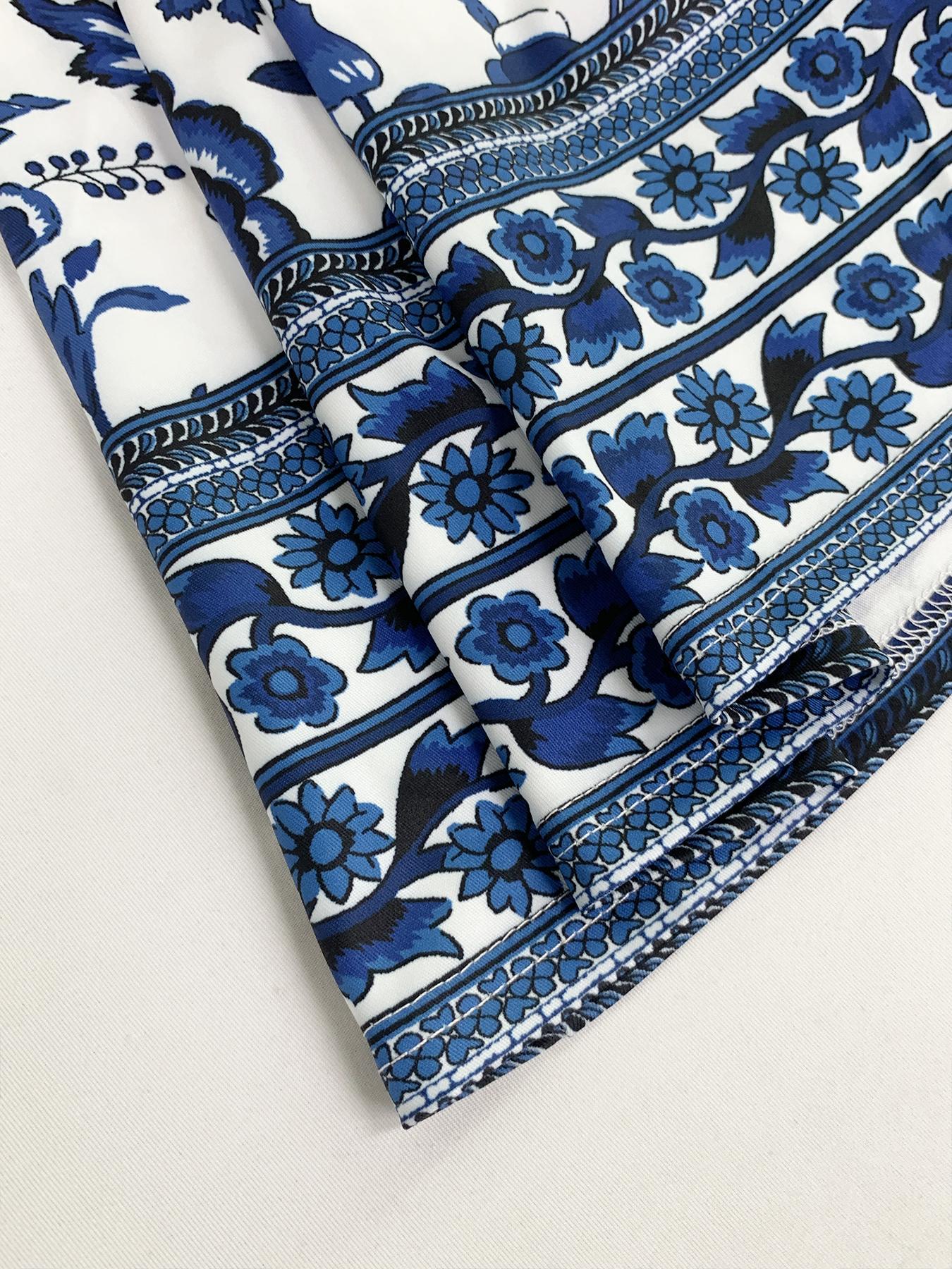 Women's Blue Porcelain Print Halter Dress, A-Line Skirt Hem, Casual Beach Vacation Wear, Bohemian Floral Pattern, Fitted Style