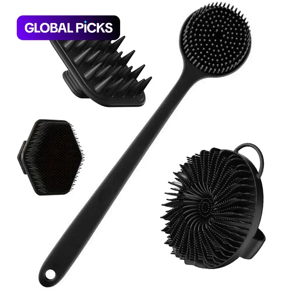 Silicone Body Brush Bath Set, Includes Long Handle Back Scrubber, Shower Brush For Body, Shampoo Brush, Face Cleaning Brush, Exfoliating Body Care Bath Tool #GLOBAL PICKS