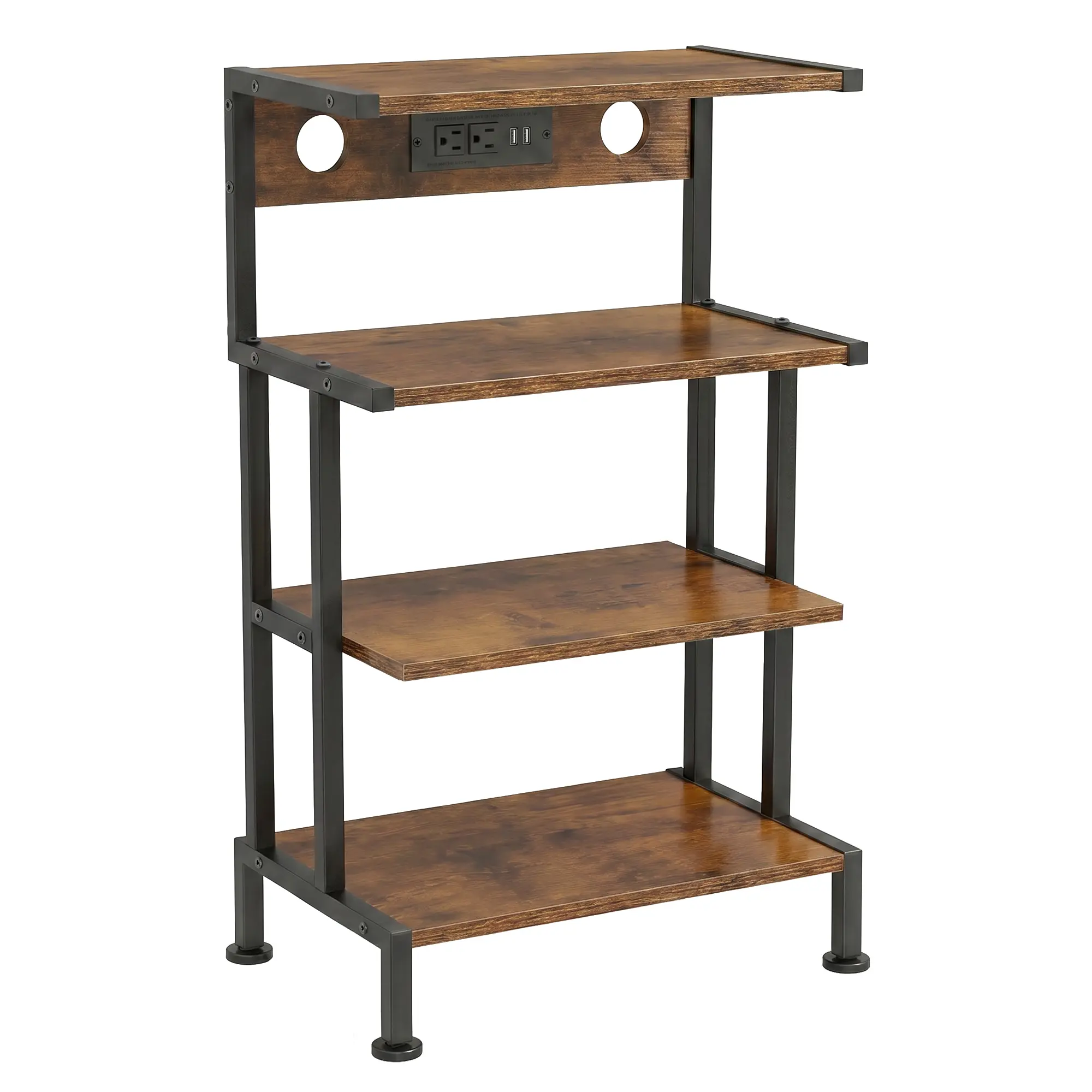 Industrial 4-Tier Gaming Console Organiser Rack, Heavy-Duty Iron Frame Media Shelf with 3 AC Outlets & 2 USB Ports, 200lb Capacity for PS5, Xbox, Nintendo Switch