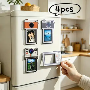 Set of 4 Polaroid-Style Magnetic Photo Frames — Vintage Camera Design Refrigerator Magnets. Easily swap photos; this magnetic frame set allows for DIY photo customization and is suitable for use on dishwasher doors, refrigerators, and whiteboards.