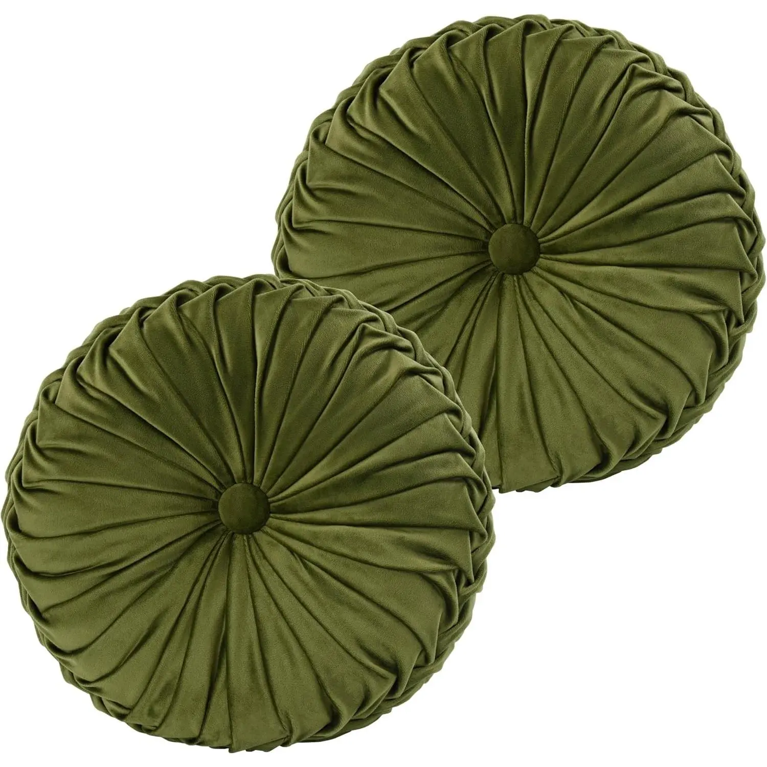 Set of 2 Decorative Round Pleated Throw Pillows, Classy Accent Pumpkin Throw Pillows with Center Button, Vintage Velvet Floor Pillows for Sofa Couch Vanity Chair Bed, Olive, 14.5" Diameter(Ripple)