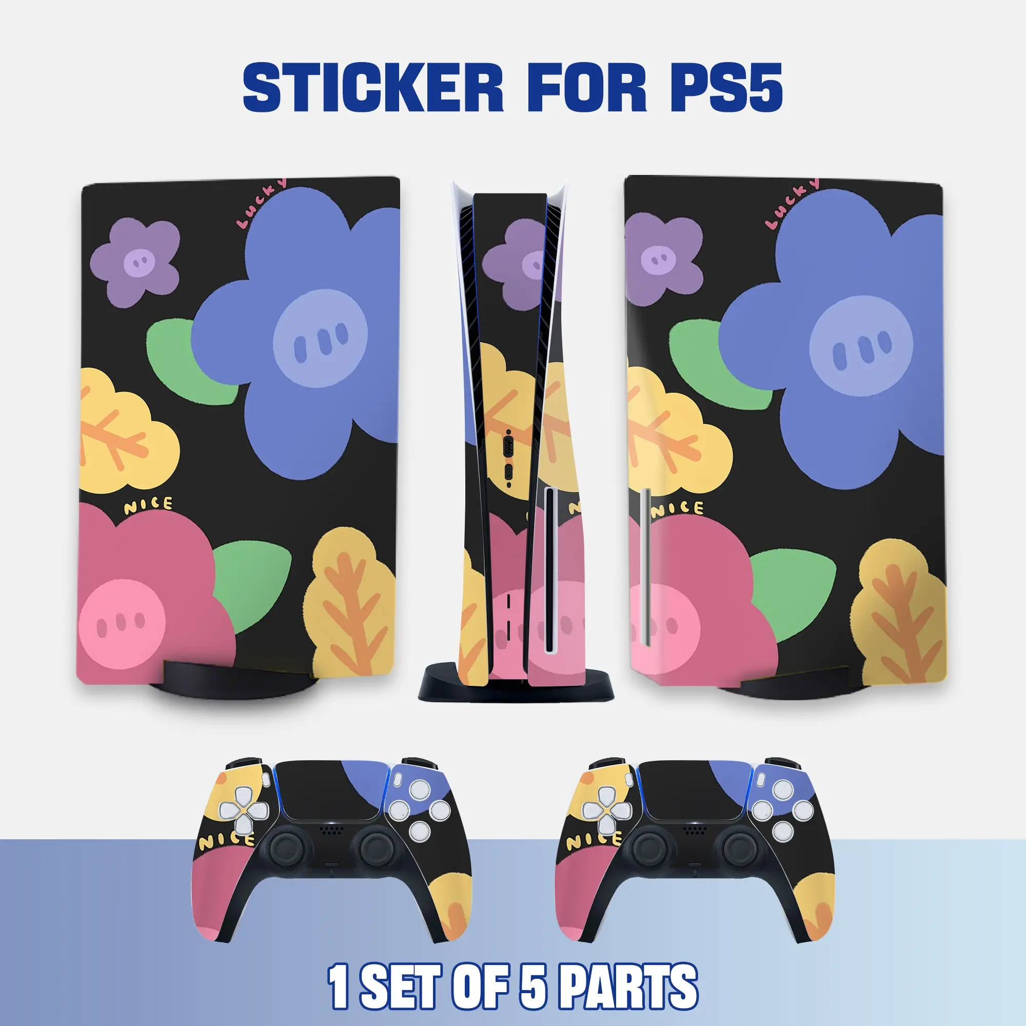 Colorful Cartoon Flower Cute Style PS5 Disc Edition Vinyl Skin Floral Pattern Sticker for Console & Controllers, Waterproof, Scratch-Resistant, Dustproof, Removable & No Residue