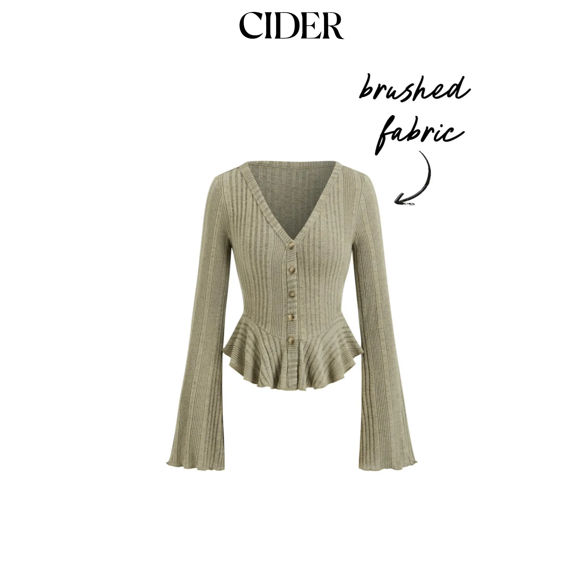 Cider Brushed Fabric V-neck Bell Sleeve Ruffle Hem Button Top SummerFinds