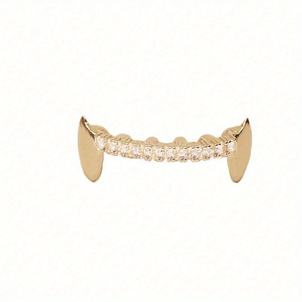 2pcs Set of Hip Hop Tiger Tooth Grillz with Sparkling Cubic Synthetic Zirconia - Golden Copper Teeth Jewelry for Music Festivals, Parties & Everyday Glam Oral