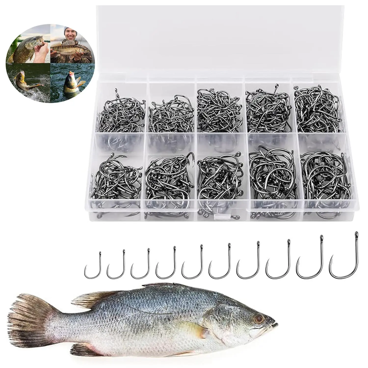 Premium Fishing Hooks 500PCS Carbon Steel Strong Sharp Barbs for Freshwater Seawater with Portable Plastic Box