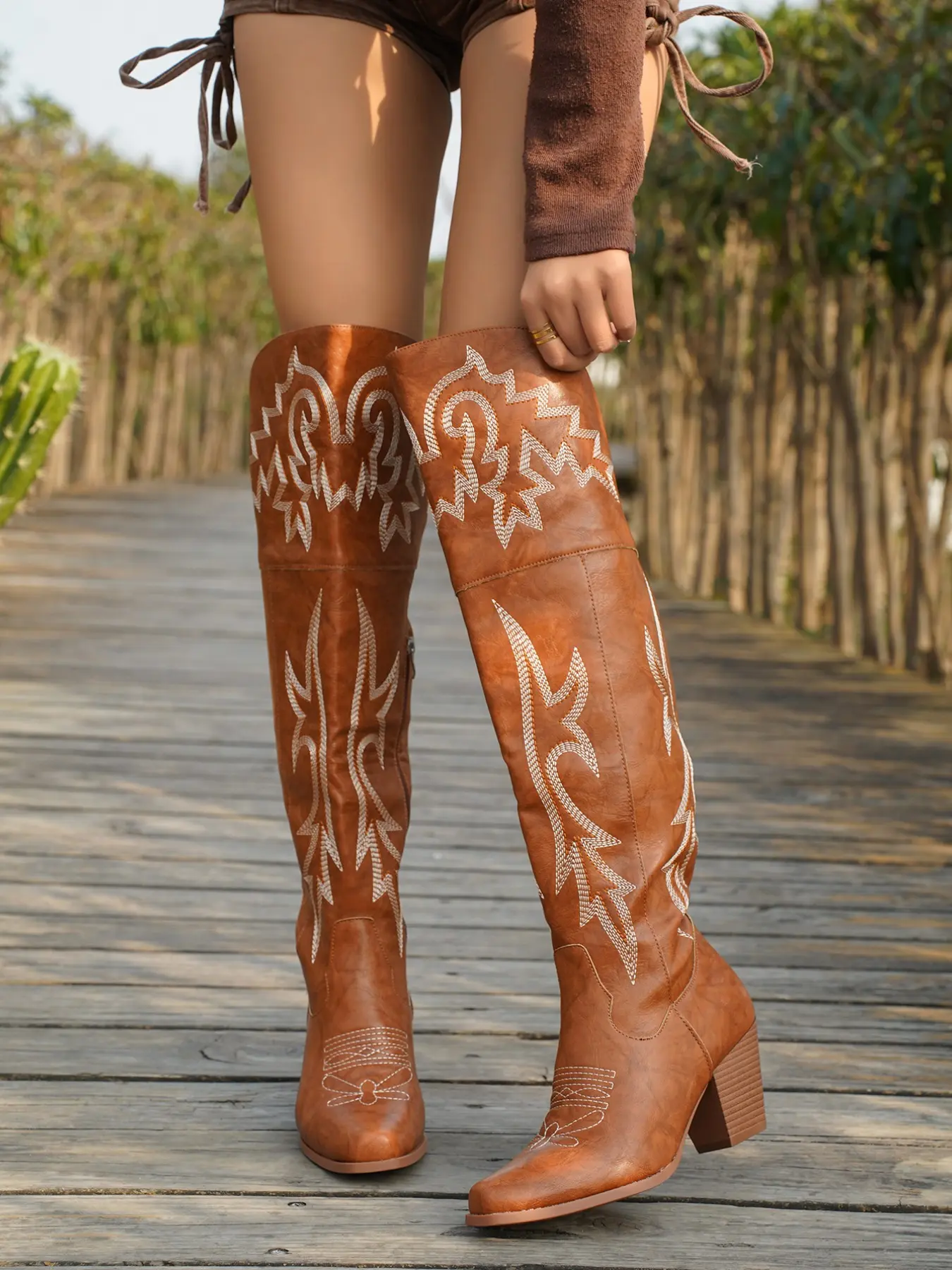 American Western Style Embroidered Over-The-Knee Cowboy Boots, Vintage Distressed Leather High Heel Mid-Calf Boots, Side Zip Design