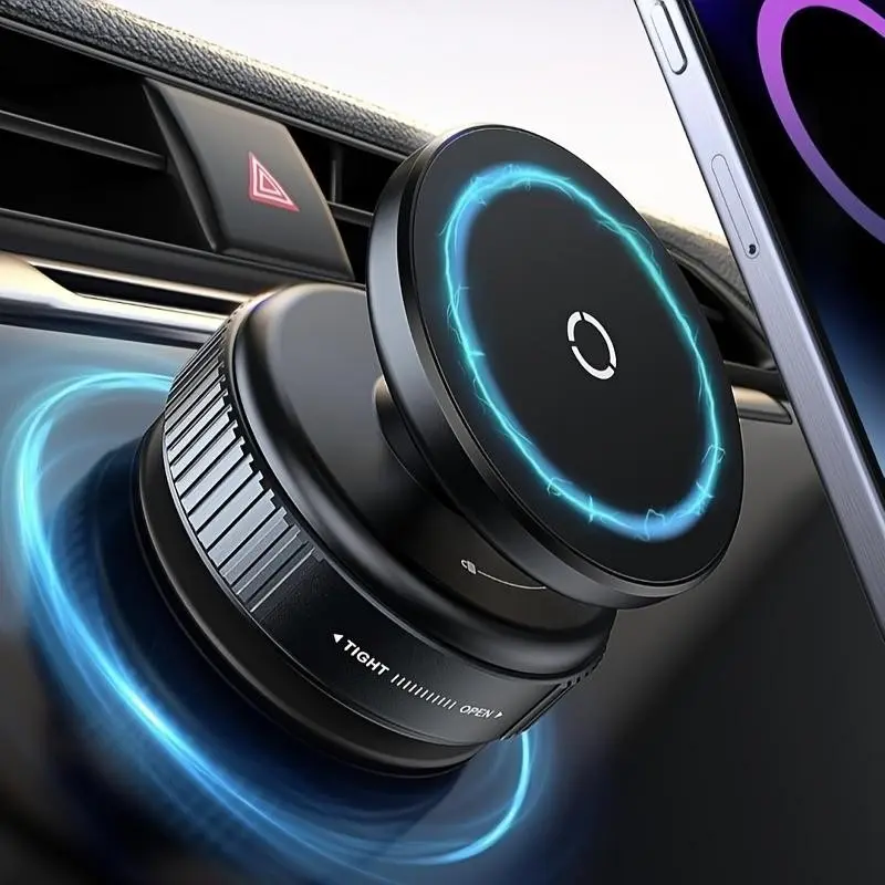 Universal Magnetic Wireless Charging Car Phone Charger Mount, LED Glow Ring, Anti-Slip Air Vent, 15w Fast Charge, Rotatable for All Cell Phones