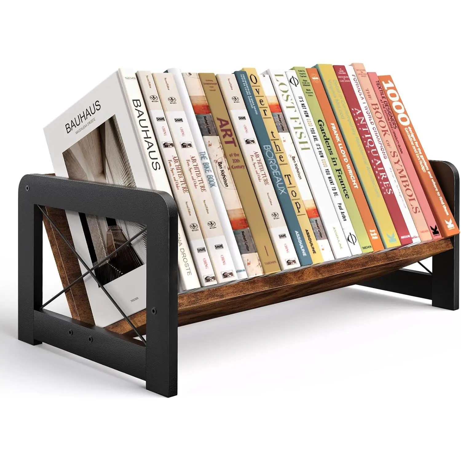 Rustic Brown Wood Frame Slanted Shelf Desktop Bookshelf Organizer - Portable Mini Book Rack for Home Office Storage, Book Display, Kids Reading