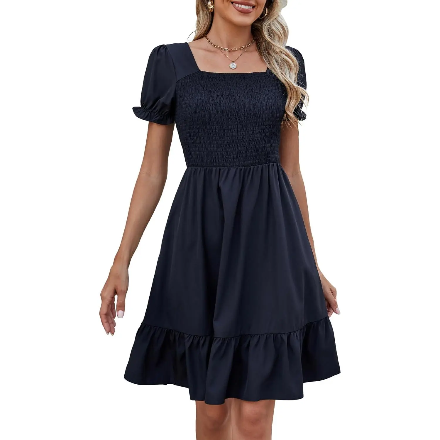 Women's Casual Wear 2026 Square Neck A-Line Tiered Sundress with Pockets - Short-Sleeve Spring Easter Dress, Shortsleeve, Pocket Detail