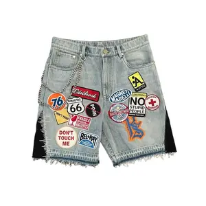 Retro Blue Patchwork Denim Shorts Men Women Y2K Hip Hop Streetwear Low Rise Loose Fit Patched Embroidered Casual Jeans Shorts