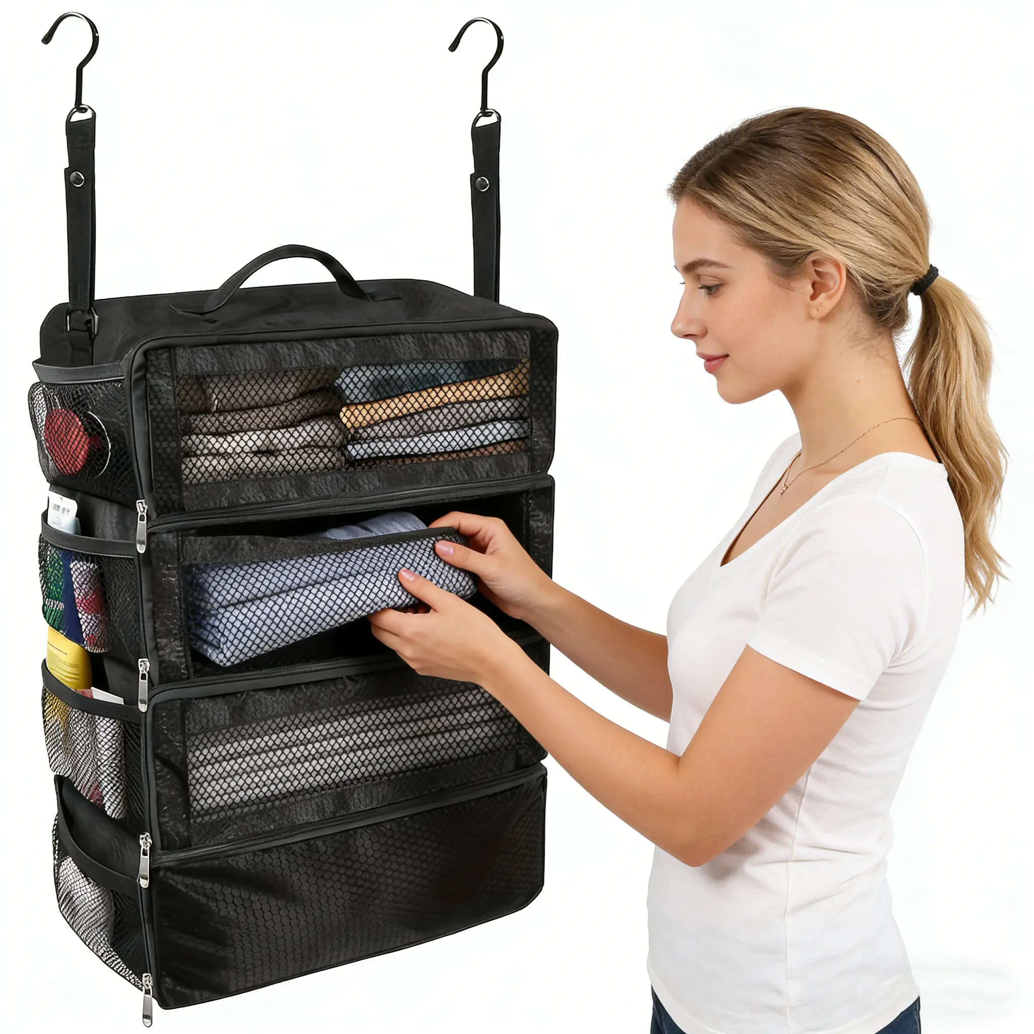 Suitcase organizers, travel packing cubes, portable hanging travel organizer, foldable hanging carry-on organizer with quick-access compartments.