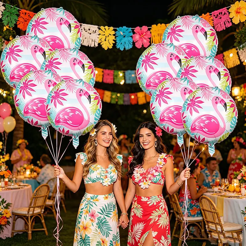 10-Pack Flamingo Ball Aluminum Foil Balloons, Summer Theme Party Decor, Hawaiian Birthday Party Decoration, Fun Event Supplies