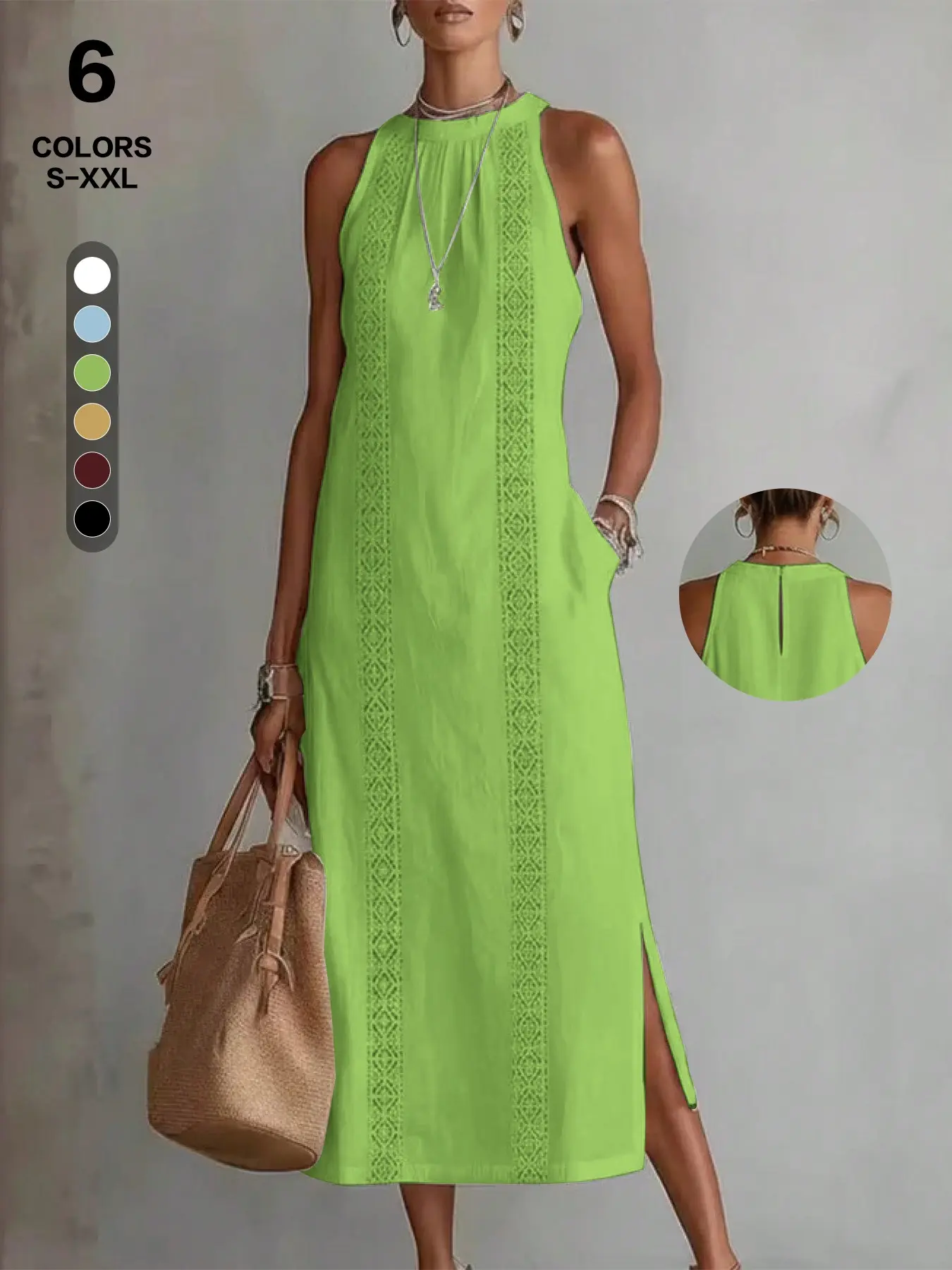 Summer Fashion Casual Maxi Dress | Sleeveless Lace Panel Halter Neck with Side Slit | Breathable Chic Elegant Urban Loungewear for Vacation & Home