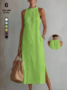 Summer Fashion Faux Linen Maxi Dress | Sleeveless Lace Panel Halter Neck with Side Slit | Breathable Chic Elegant Urban Loungewear for Vacation & Home