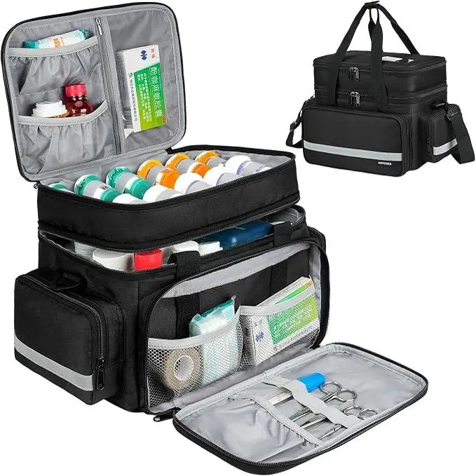 Large Pill Bottle Organizer Double Layers Medicine Storage Bag with Lockable Zippers and Shoulder Strap Medication Travel Bag for Prescription Bottles, Vitamins & Medical Supplies Bag Only