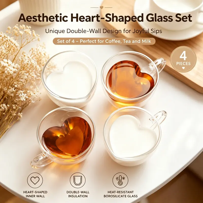 4 Pack Double Wall Heart Inner Borosilicate Glass Mugs Heat Resistant Clear Heart Shaped Coffee Tea Milk Cups For Home Kitchen Daily Drinks Glass Cup Set