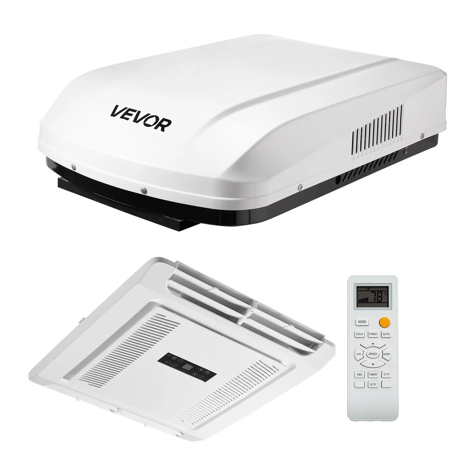 VEVOR 15000 BTU Compact Rooftop RV Air Conditioner with Heat Pump & Cooling, 120V Non-Ducted Plastic-Copper Unit, Variable Speed Quiet Easy-Install AC, ADB Button, Remote Control, White, R32 Refrigerant, 40.9x29.7x10.6 in, 95.2 Lbs/ 43.2 Kg
