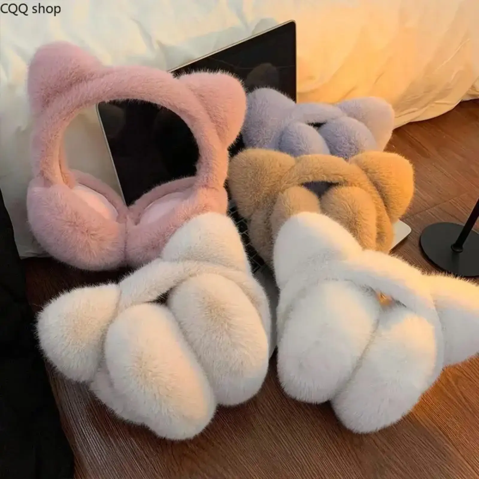 Cute Cat Earmuffs Windproof Winter Warm Plush Ear Warmers Retractable Foldable Ear Covers for Women & Girls