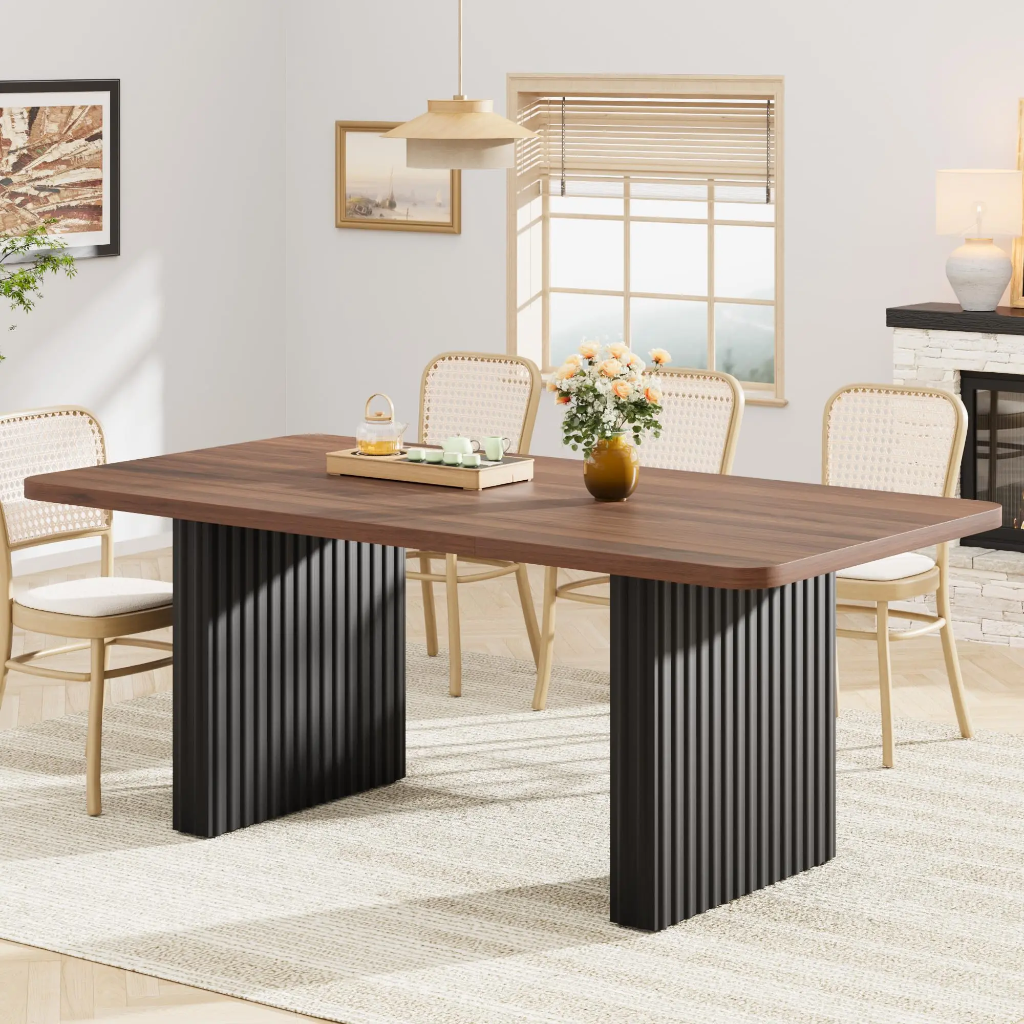 Industrial Dining Table for 6-8 – 71" Rectangular Wood Table, Black Fluted Wave Metal Legs, Modern Minimalist Kitchen & Living Room Furniture