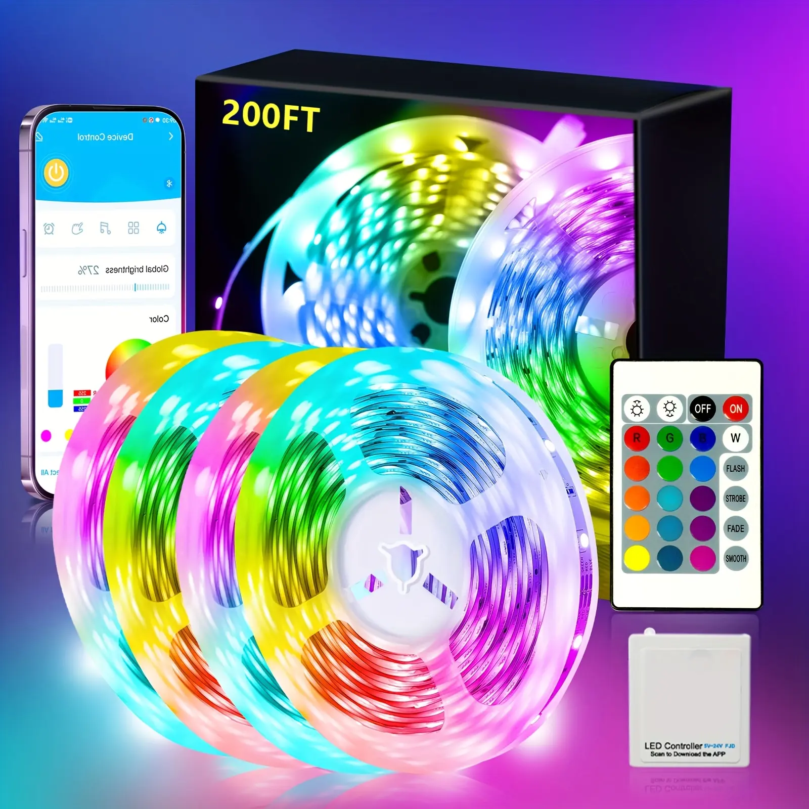200Ft Ultra-Long Smart RGB LED Strip Lights, APP Control 5050 RGB Color Changing Music Sync, Ideal for Bedroom Kitchen Gaming Room Cabinet Indoor Home Decor Multicolor Rope Lights