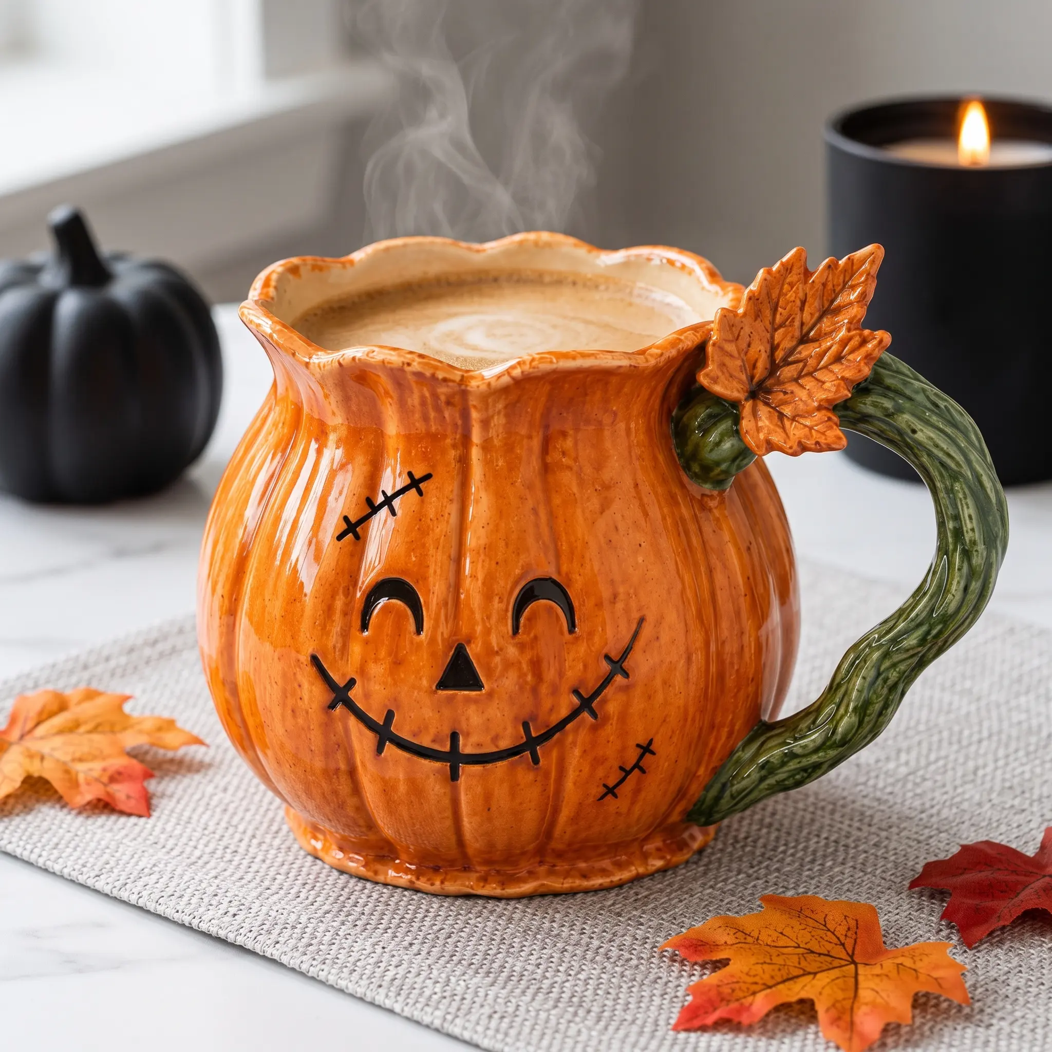Pumpkin Coffee Mug 3D Ceramic Cute Smiling Face Vine Handle for Women Kids Fall Autumn Home Office Morning Tea Hot Cocoa Jack-O-Lantern Cup sohochic