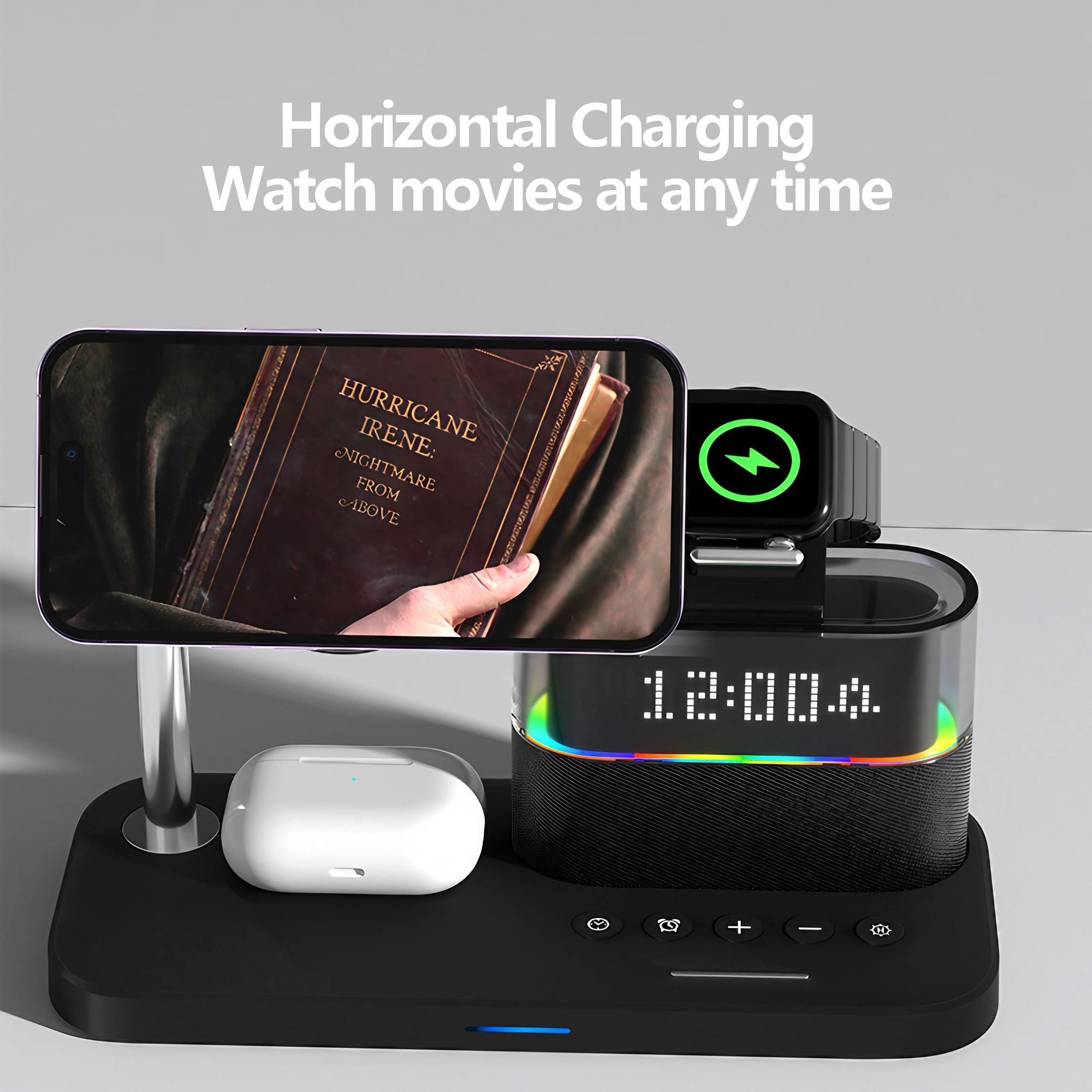 5-in-1 Wireless Charger with Clock, Magnetic Wireless Charger Stand for iPhone, Apple Watch, Airpods, Smart Watch Accessories, Magsafe Charger Set, Black Charging Station, for Smartphone, Magnetic Charging Design, Charging Dock