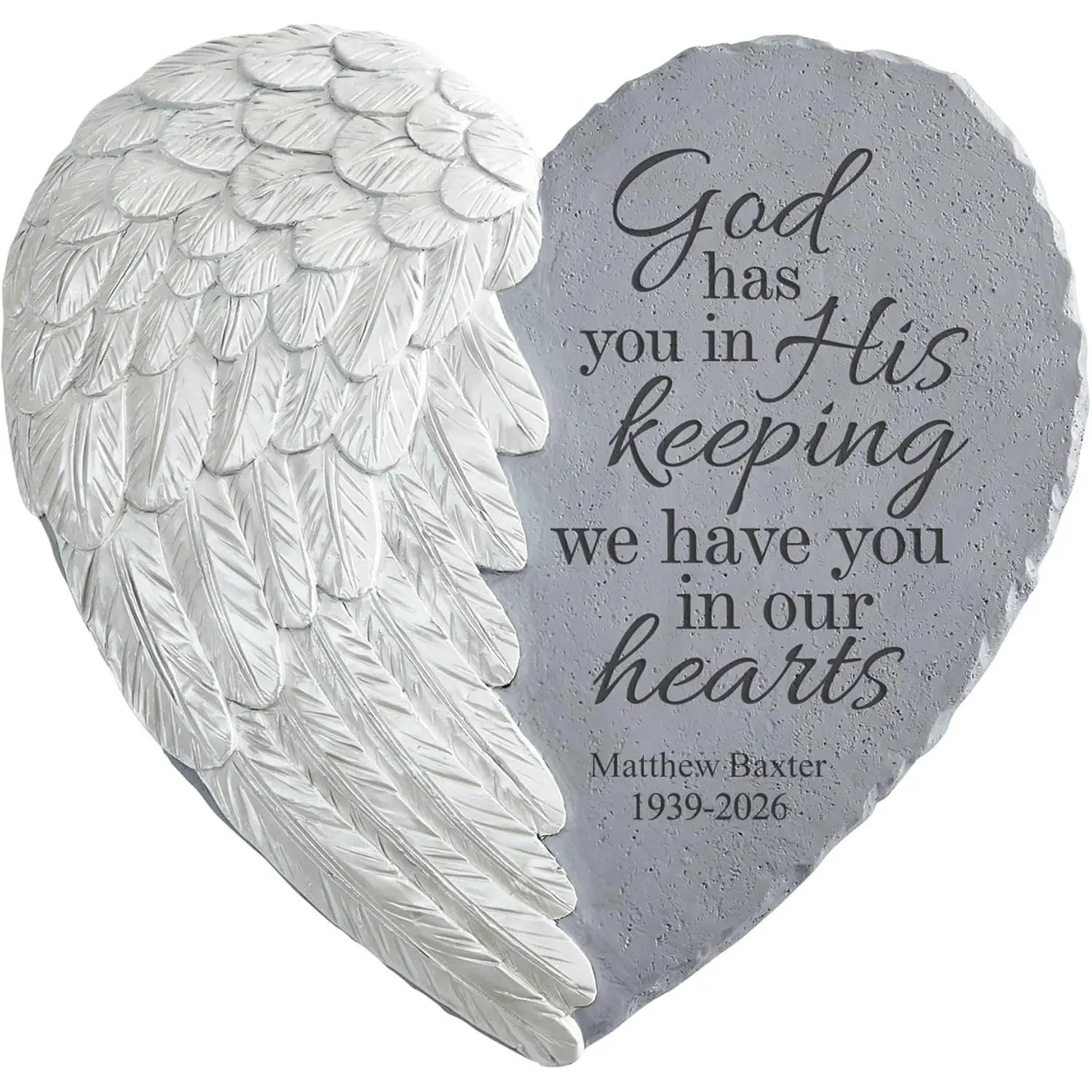 Personalized Memorial Garden Stone - Sympathy - Loss of Loved One - Condolences - Indoor/Outdoor - Durable Resin - 3D Wings of Love - in His Keeping