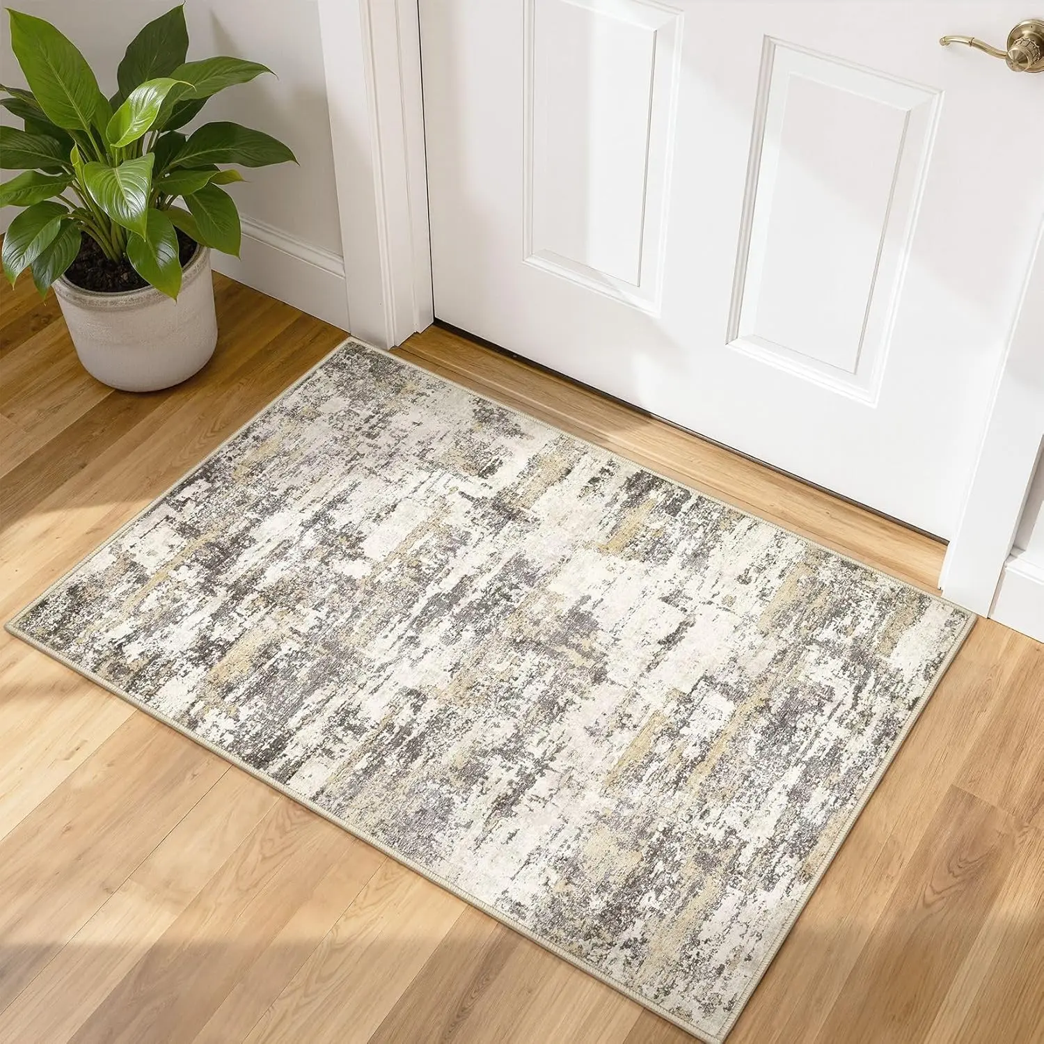 Washable Area Rugs: 2x3 Soft Stain Resistant Non-Slip Backing for Living Room Entryway Bedroom Nursery - Gold Brown